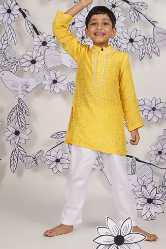Sunshine spark boys kurta yellow geometric print with white pajama