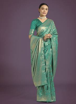 turquoise banarasi satin silk blend meenakari zari weaving work saree 2