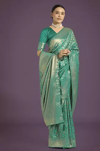 turquoise banarasi satin silk blend meenakari zari weaving work saree