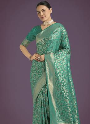 turquoise banarasi satin silk blend meenakari zari weaving work saree 3