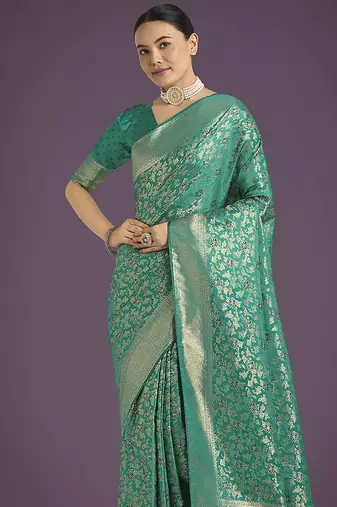 turquoise banarasi satin silk blend meenakari zari weaving work saree