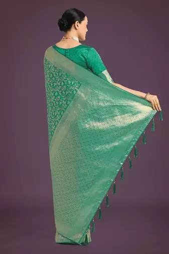 turquoise banarasi satin silk blend meenakari zari weaving work saree