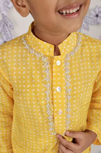 Sunshine spark boys kurta yellow geometric print with white pajama