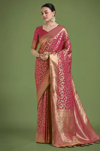 magenta banarasi satin silk meenakari zari weaving pattern saree