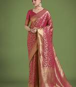 magenta banarasi satin silk meenakari zari weaving pattern saree