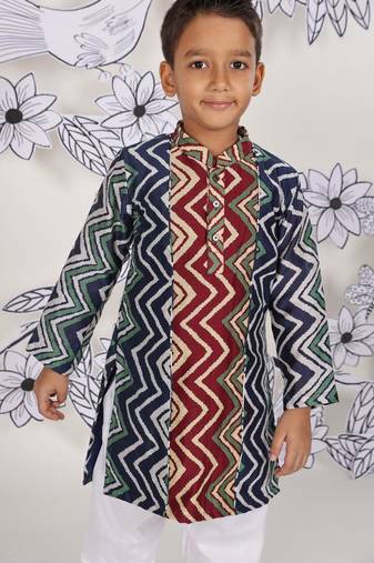 Zigzag fest boys kurta set multicolour print with white pajama