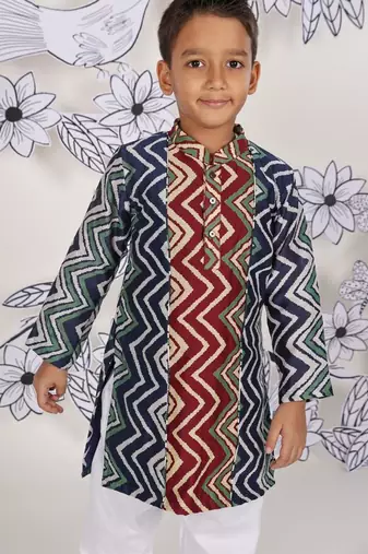 Zigzag fest boys kurta set multicolour print with white pajama
