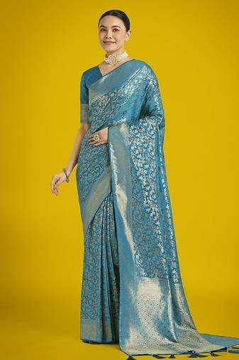 sky blue banarasi satin silk meenakari zari weaving pattern saree