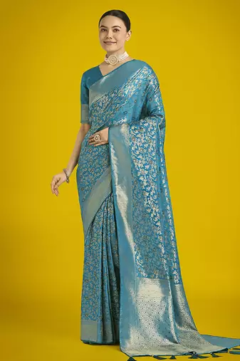 sky blue banarasi satin silk meenakari zari weaving pattern saree