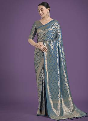 cyan blue banarasi satin silk blend zari weaving saree 1