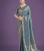 cyan blue banarasi satin silk zari weaving saree