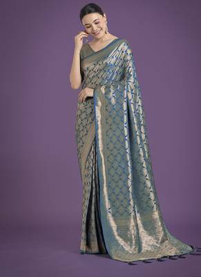 cyan blue banarasi satin silk blend zari weaving saree 2