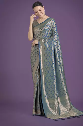 cyan blue banarasi satin silk blend zari weaving saree