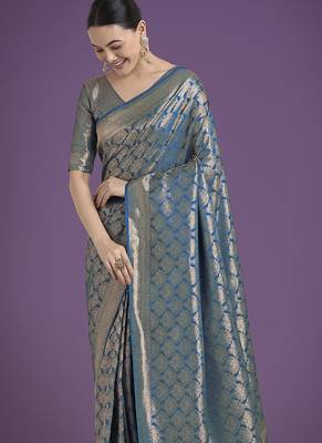 cyan blue banarasi satin silk blend zari weaving saree 3