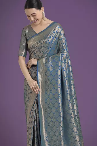 cyan blue banarasi satin silk blend zari weaving saree
