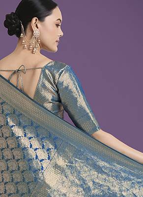 cyan blue banarasi satin silk blend zari weaving saree 4