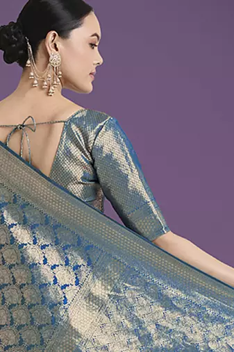 cyan blue banarasi satin silk blend zari weaving saree