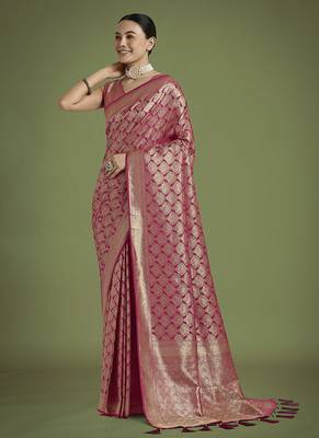 dark pink banarasi satin silk blend zari weaving saree 1