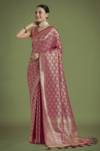 dark pink banarasi satin silk zari weaving saree