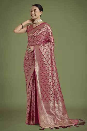 dark pink banarasi satin silk zari weaving saree