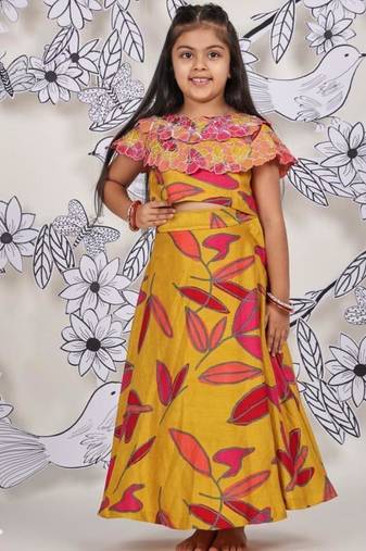 Sunburst leaf girls skirt set mustard & pink floral coord