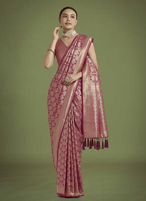 dark pink banarasi satin silk blend zari weaving saree 2