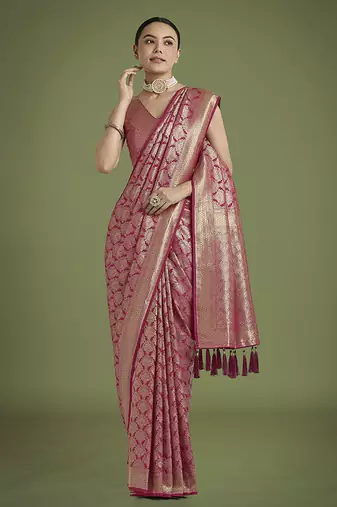 dark pink banarasi satin silk blend zari weaving saree