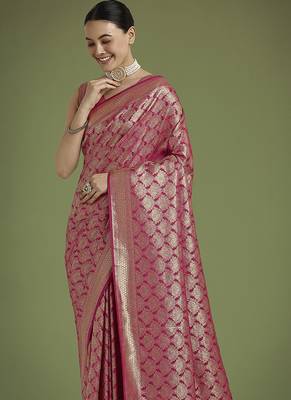 dark pink banarasi satin silk blend zari weaving saree 3
