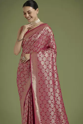 dark pink banarasi satin silk blend zari weaving saree