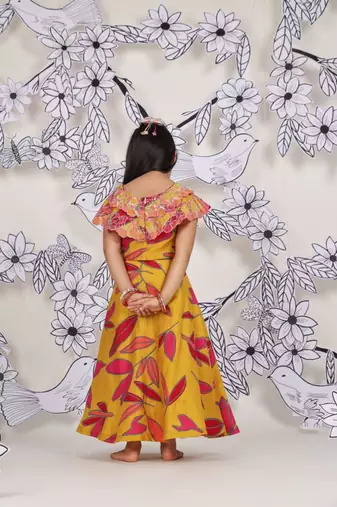 Sunburst leaf girls skirt set mustard & pink floral coord