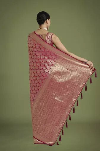 dark pink banarasi satin silk blend zari weaving saree