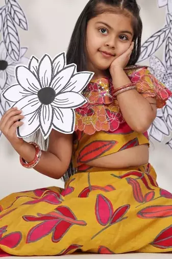 Sunburst leaf girls skirt set mustard & pink floral coord