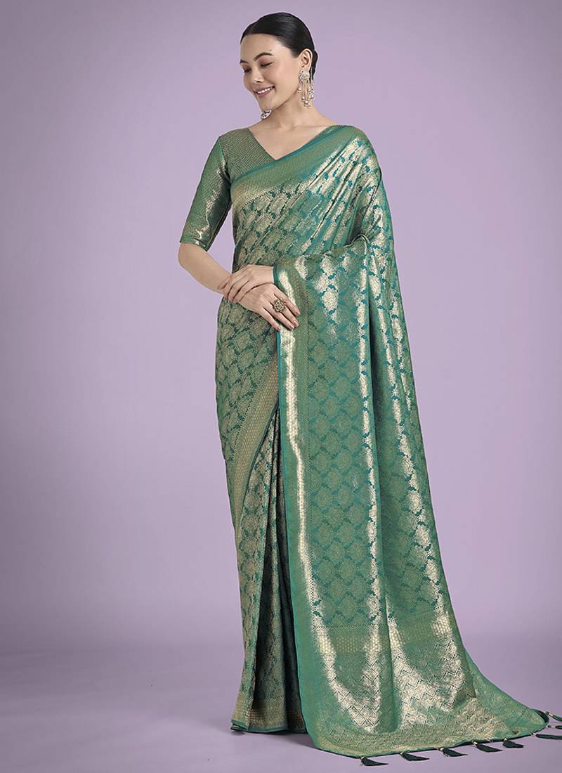 turquoise banarasi satin silk zari weaving saree