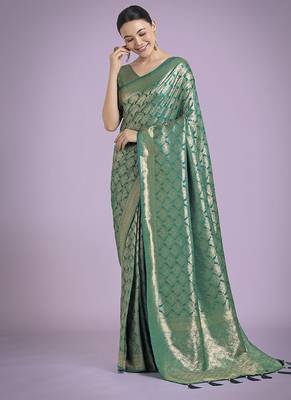turquoise banarasi satin silk blend zari weaving saree 2