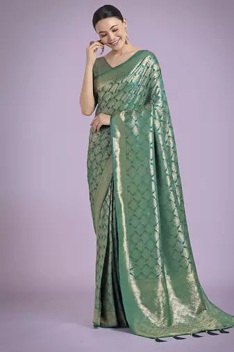turquoise banarasi satin silk blend zari weaving saree