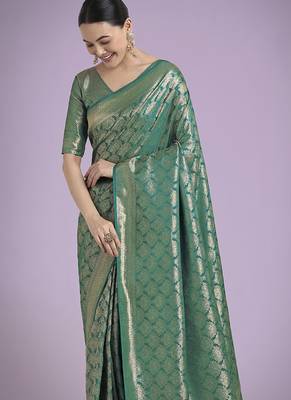 turquoise banarasi satin silk blend zari weaving saree 3