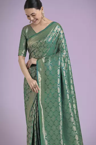 turquoise banarasi satin silk blend zari weaving saree
