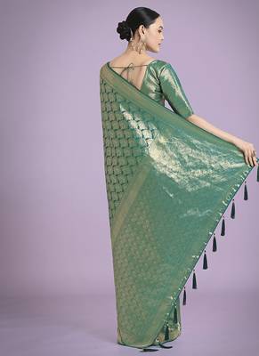 turquoise banarasi satin silk blend zari weaving saree 4