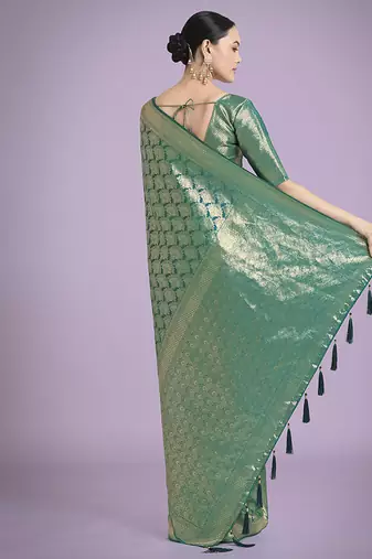 turquoise banarasi satin silk blend zari weaving saree