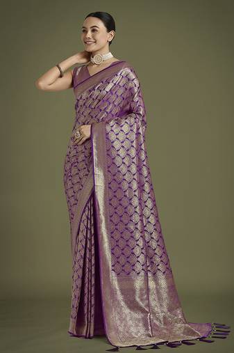 purple banarasi satin silk zari weaving saree