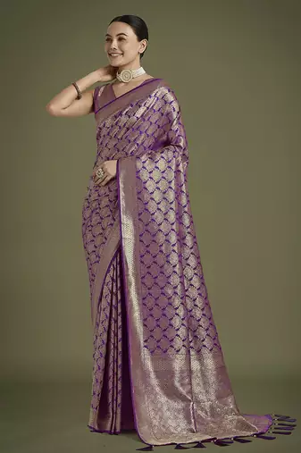 purple banarasi satin silk zari weaving saree