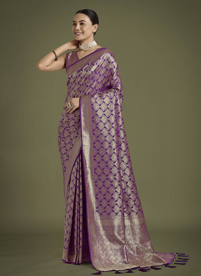 purple banarasi satin silk zari weaving saree