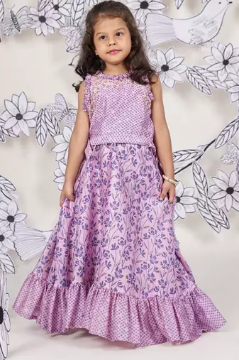 Lilac bloom girls skirt set floral printed top & frill skirt