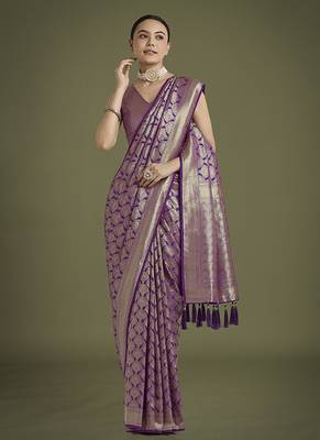 purple banarasi satin silk blend zari weaving saree 2