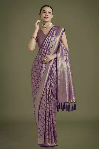 purple banarasi satin silk blend zari weaving saree