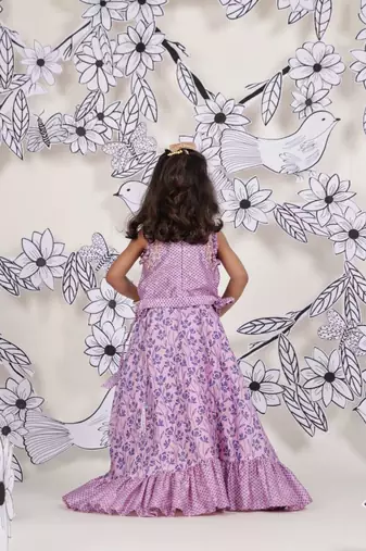 Lilac bloom girls skirt set floral printed top & frill skirt