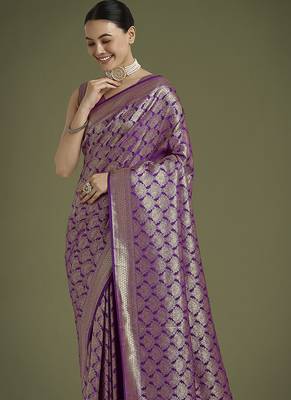 purple banarasi satin silk blend zari weaving saree 3