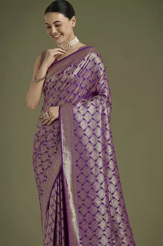 purple banarasi satin silk blend zari weaving saree