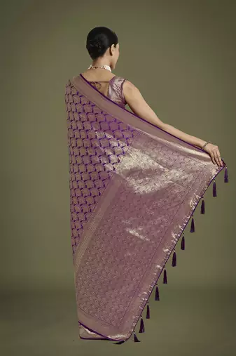 purple banarasi satin silk blend zari weaving saree
