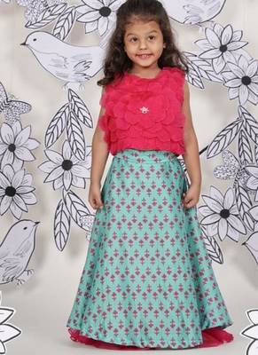 Rosette bloom girls lehenga 3d flower top with aqua & pink skirt 1